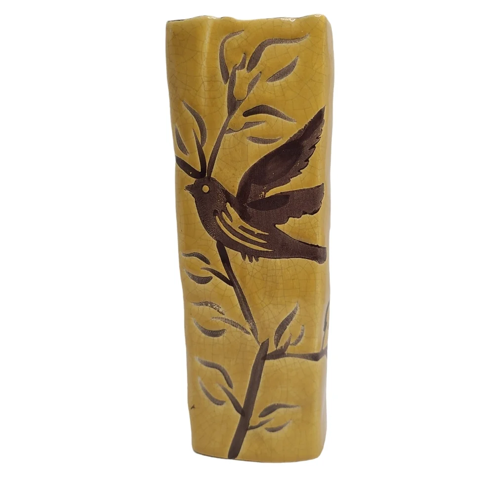 Vintage Bird Tree Hand Painted Tall Rectangular Vase Flower Vase Unique Boho